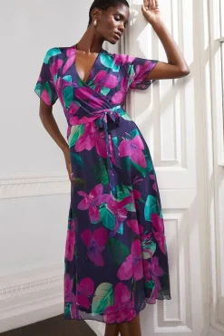 Floral Silk Mix Wrap Midi Dress