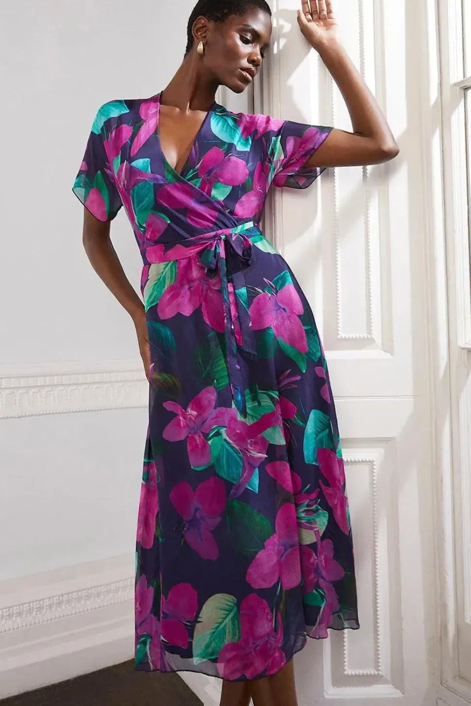 Floral Silk Mix Wrap Midi Dress
