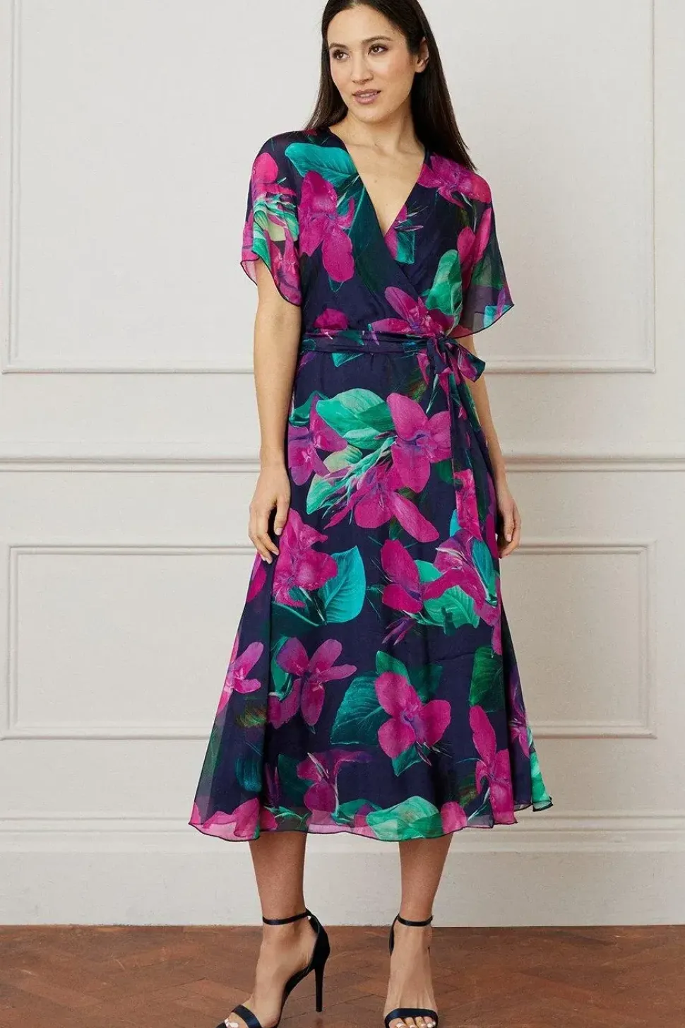 Floral Silk Mix Wrap Midi Dress