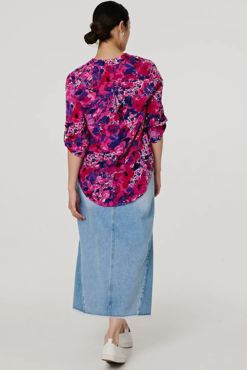 Floral 3/4 Sleeve Collarless Blouse