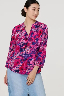Floral 3/4 Sleeve Collarless Blouse