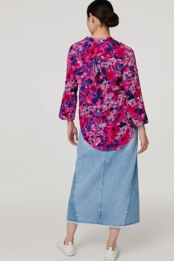 Floral 3/4 Sleeve Collarless Blouse