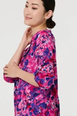 Floral 3/4 Sleeve Collarless Blouse