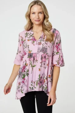 Floral 3/4 Sleeve Curve Hem Blouse