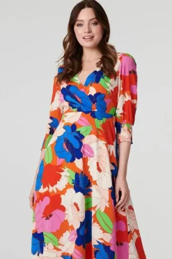 Floral 3/4 Sleeve Midi Dress