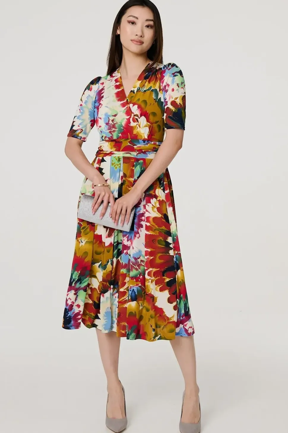 Floral 1/2 Sleeve Midi Faux Wrap Dress