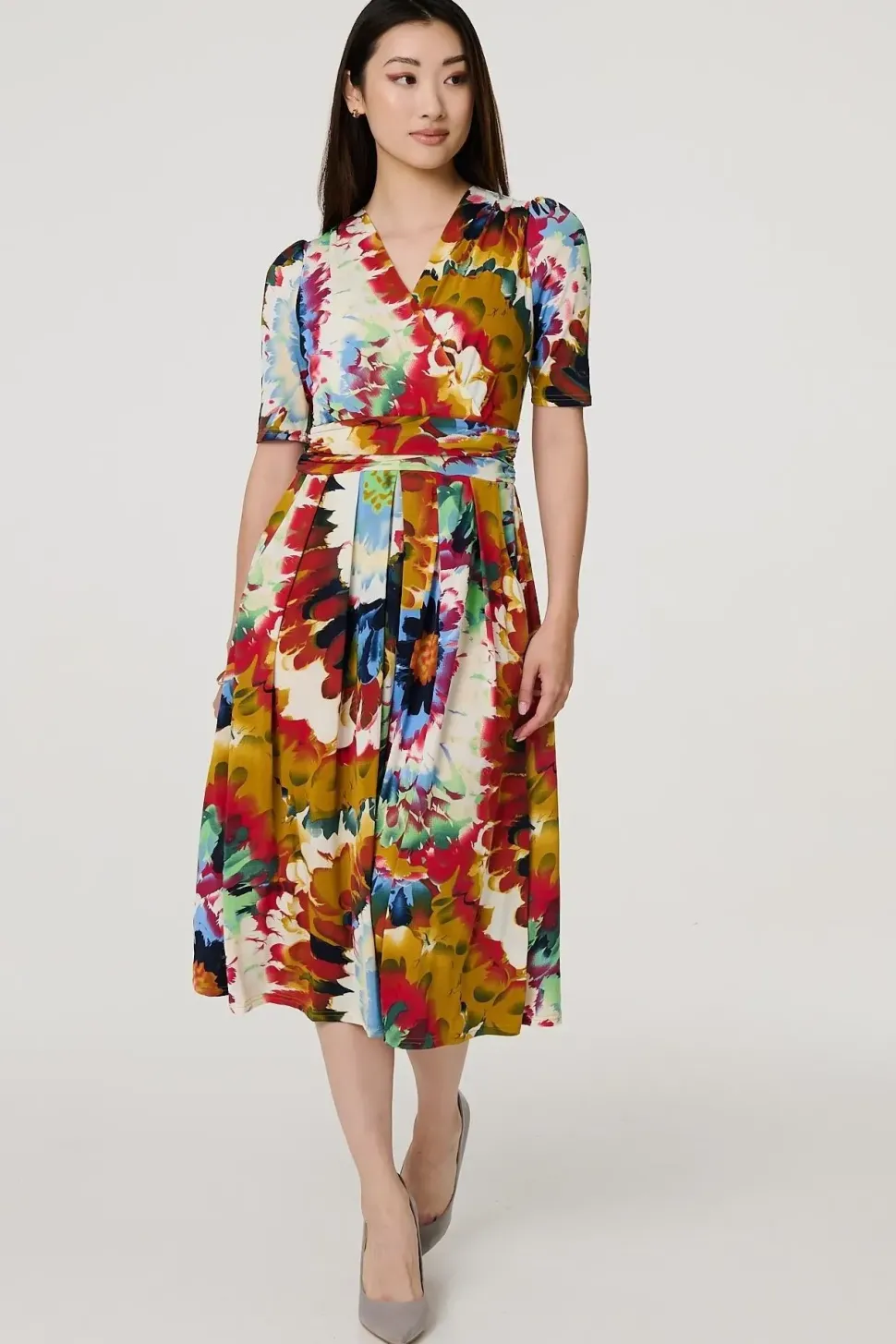 Floral 1/2 Sleeve Midi Faux Wrap Dress