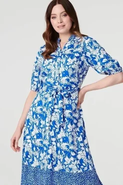 Floral 1/2 Sleeve Midi Shirt Dress