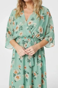 Floral 3/4 Sleeve Midi Wrap Dress