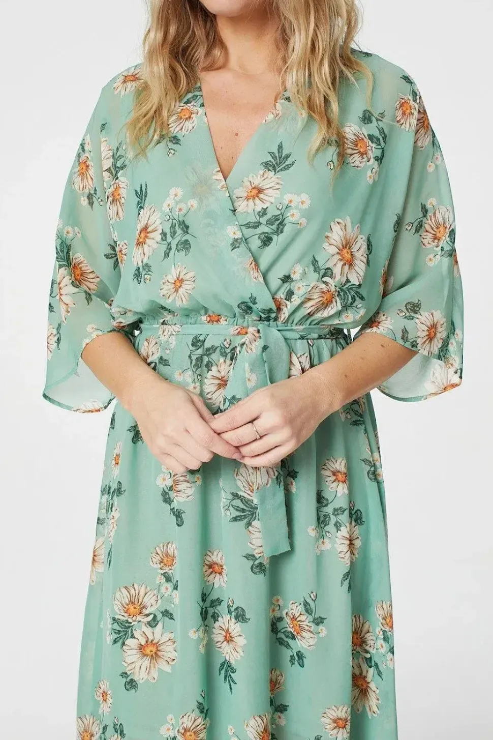 Floral 3/4 Sleeve Midi Wrap Dress