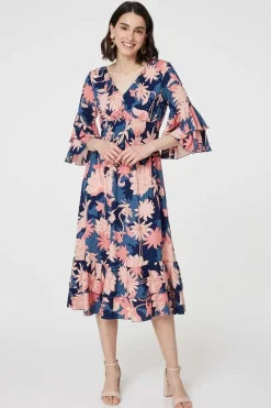 Floral 3/4 Sleeve Ruffled Midi Dress