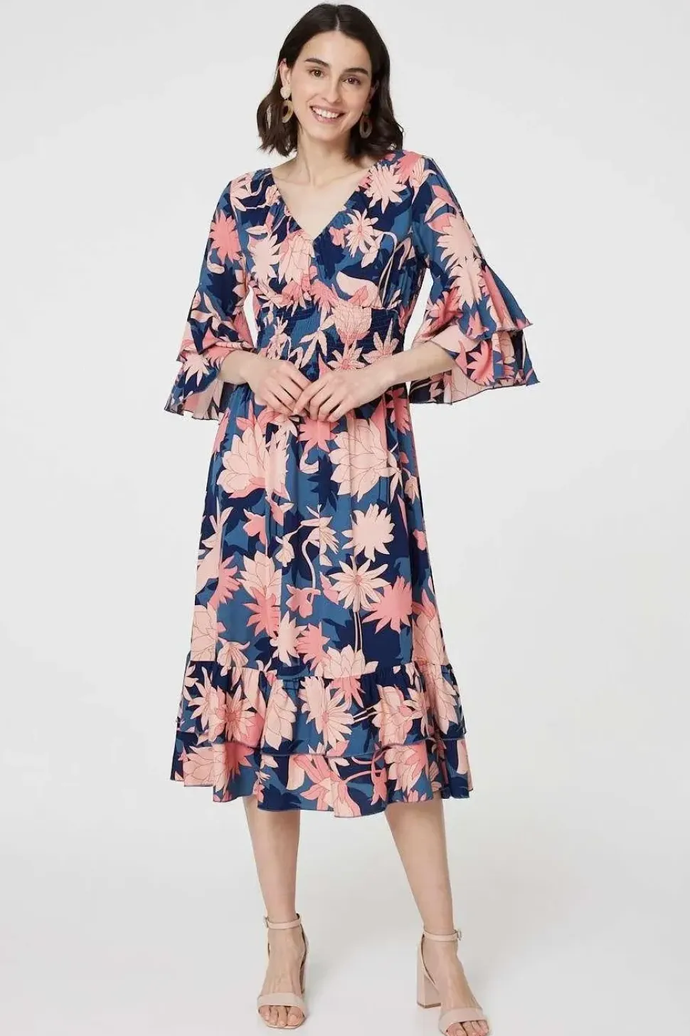 Floral 3/4 Sleeve Ruffled Midi Dress