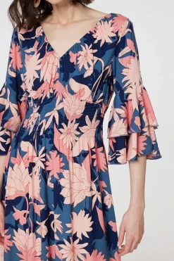 Floral 3/4 Sleeve Ruffled Midi Dress