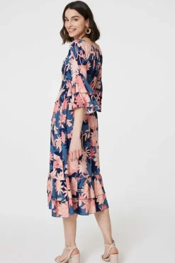 Floral 3/4 Sleeve Ruffled Midi Dress