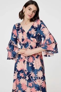Floral 3/4 Sleeve Ruffled Midi Dress