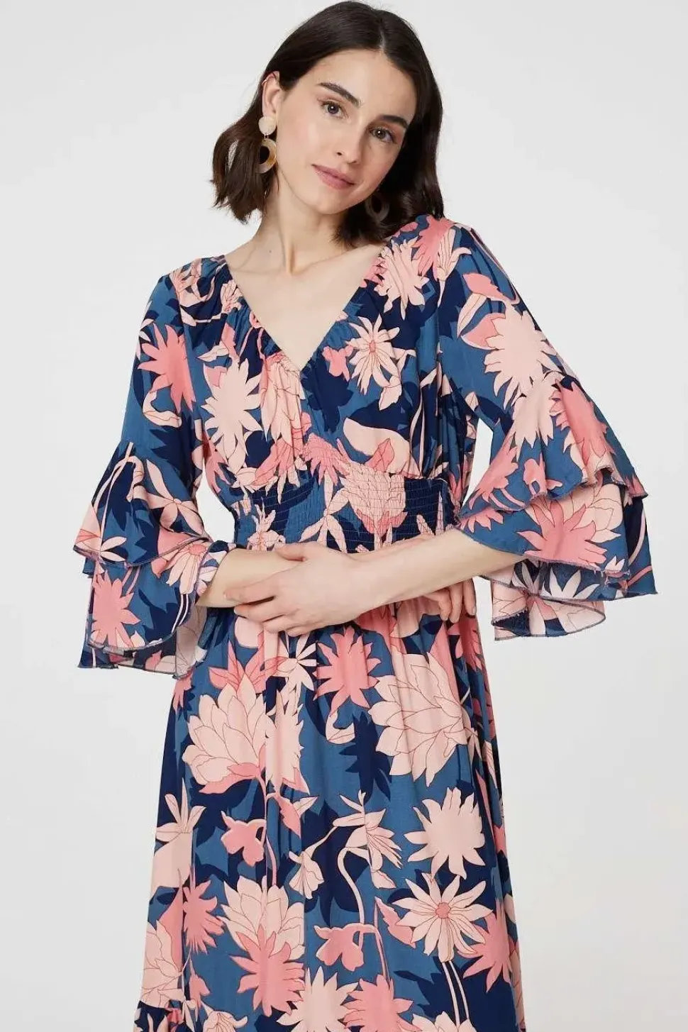 Floral 3/4 Sleeve Ruffled Midi Dress