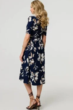 Floral 1/2 Sleeve V-Neck Midi Wrap Dress