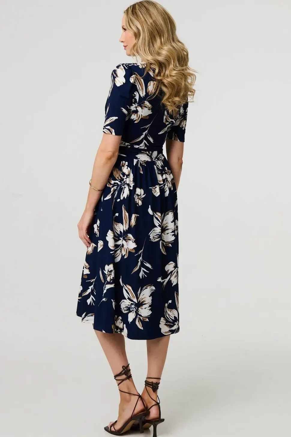 Floral 1/2 Sleeve V-Neck Midi Wrap Dress