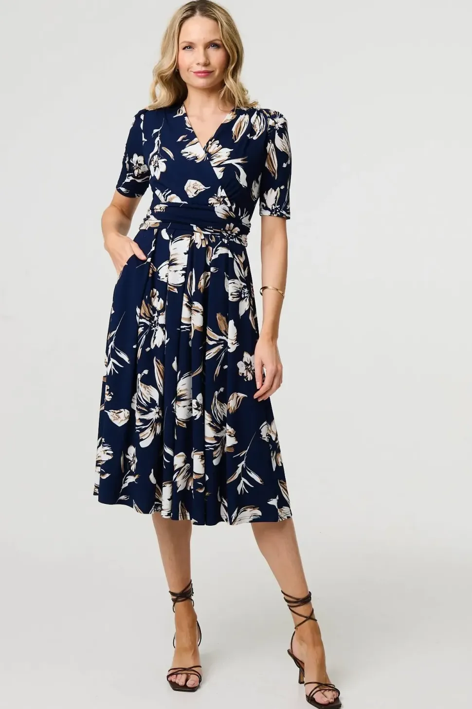 Floral 1/2 Sleeve V-Neck Midi Wrap Dress