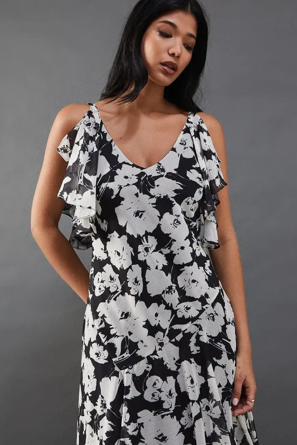 Floral Strappy Chiffon Tendril Layer Midi Dress