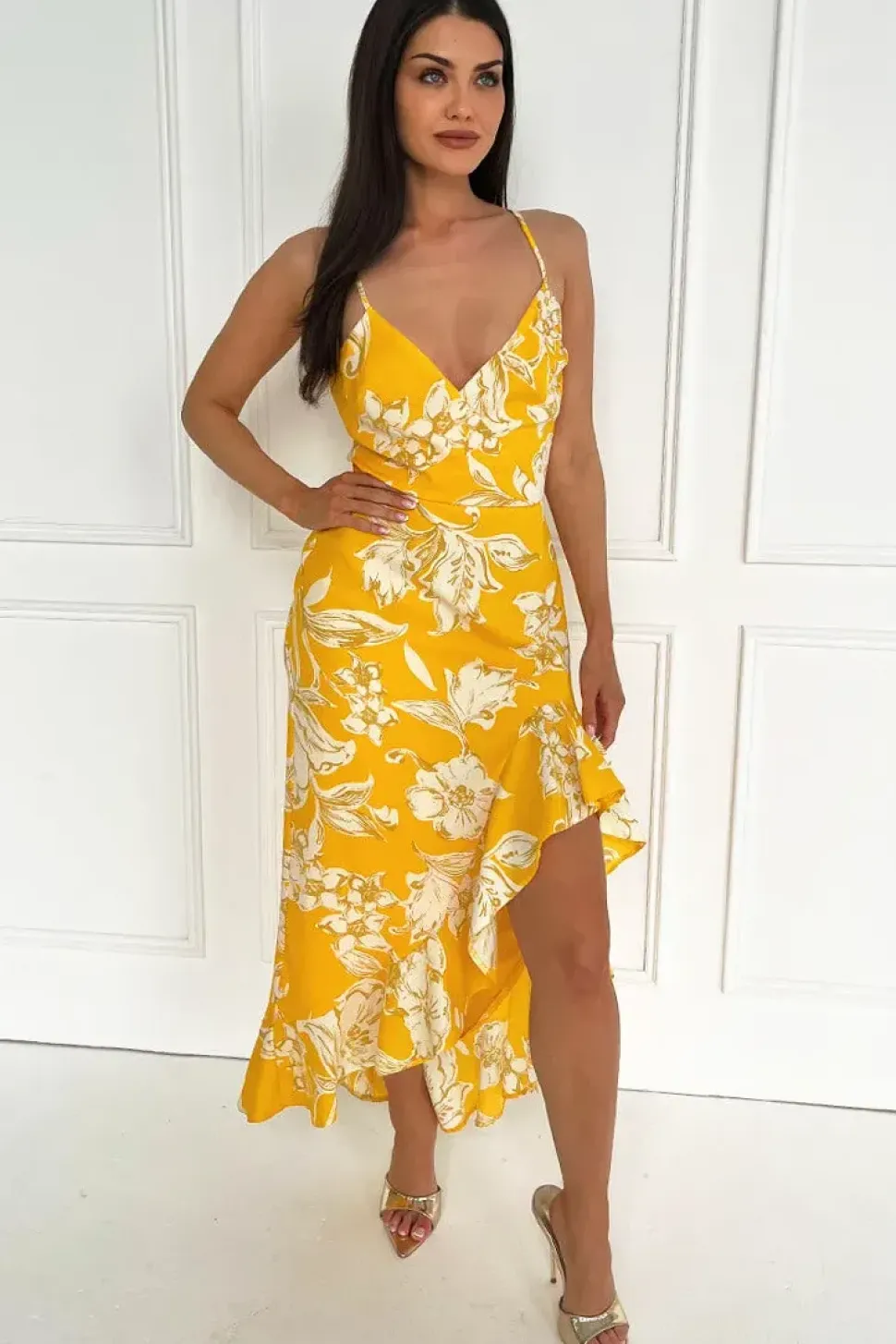 Floral Strappy High Low Frill Hem Midi Dress