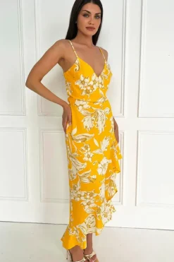 Floral Strappy High Low Frill Hem Midi Dress