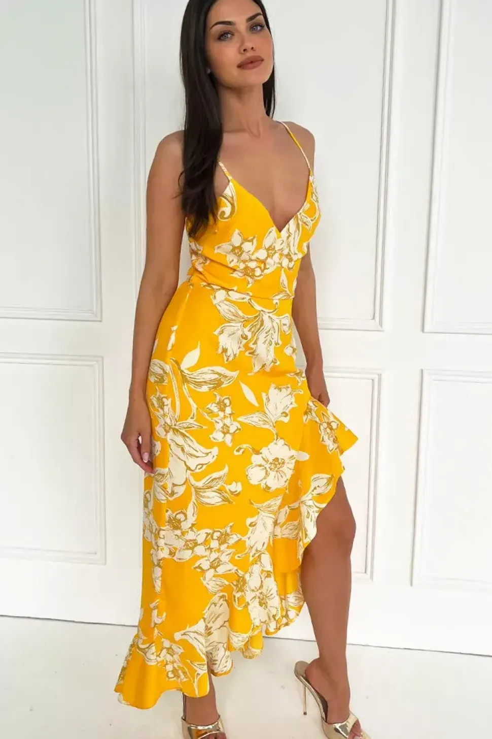 Floral Strappy High Low Frill Hem Midi Dress
