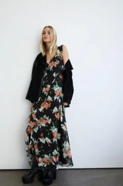 Floral Strappy Ruffle Wrap Maxi Dress