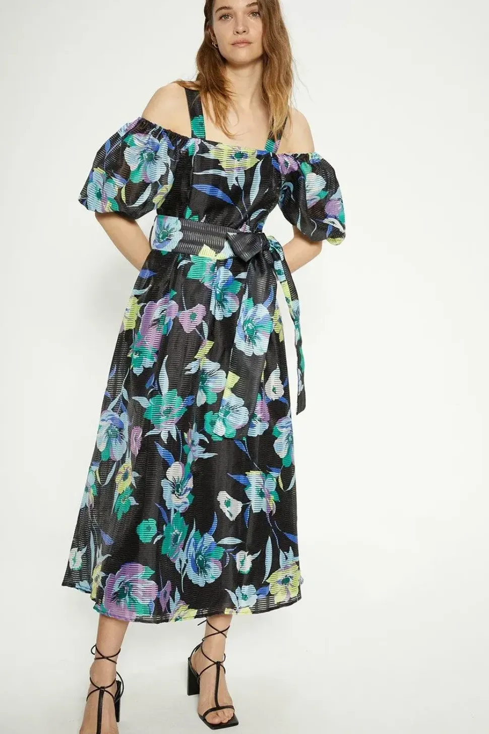Floral Striped Organza Belted Midi Dress