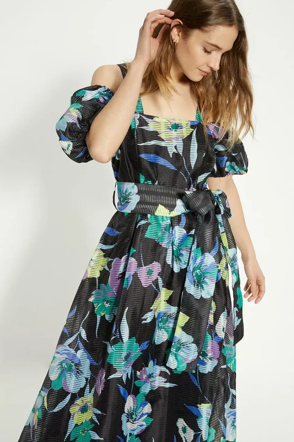 Floral Striped Organza Belted Midi Dress