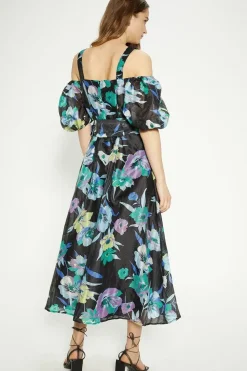 Floral Striped Organza Belted Midi Dress