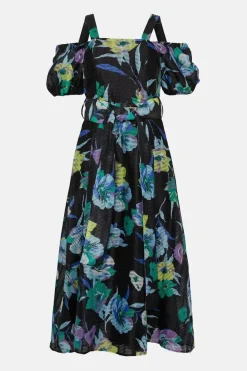 Floral Striped Organza Belted Midi Dress