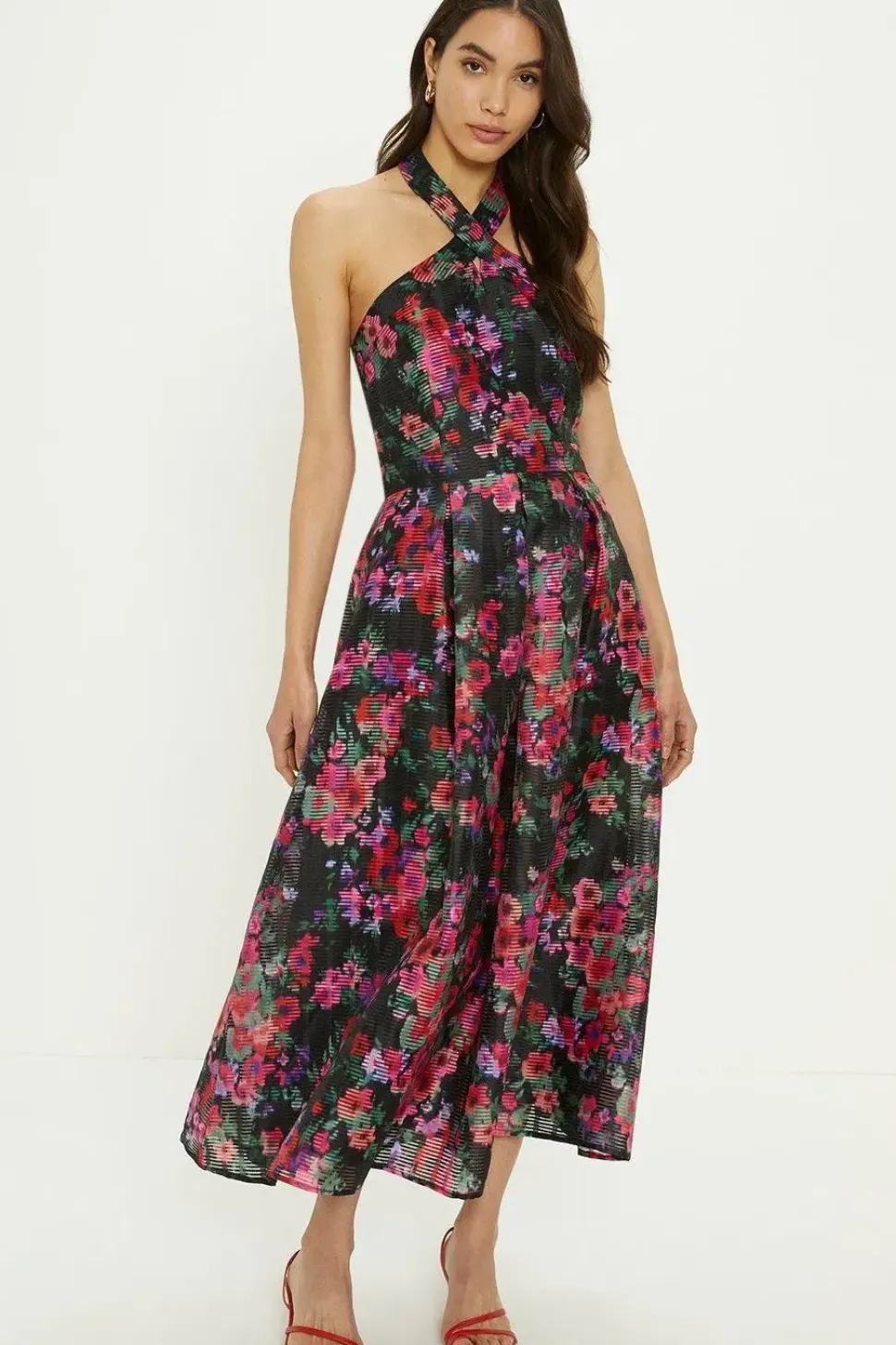 Floral Striped Organza Halter Neck Midi Dress