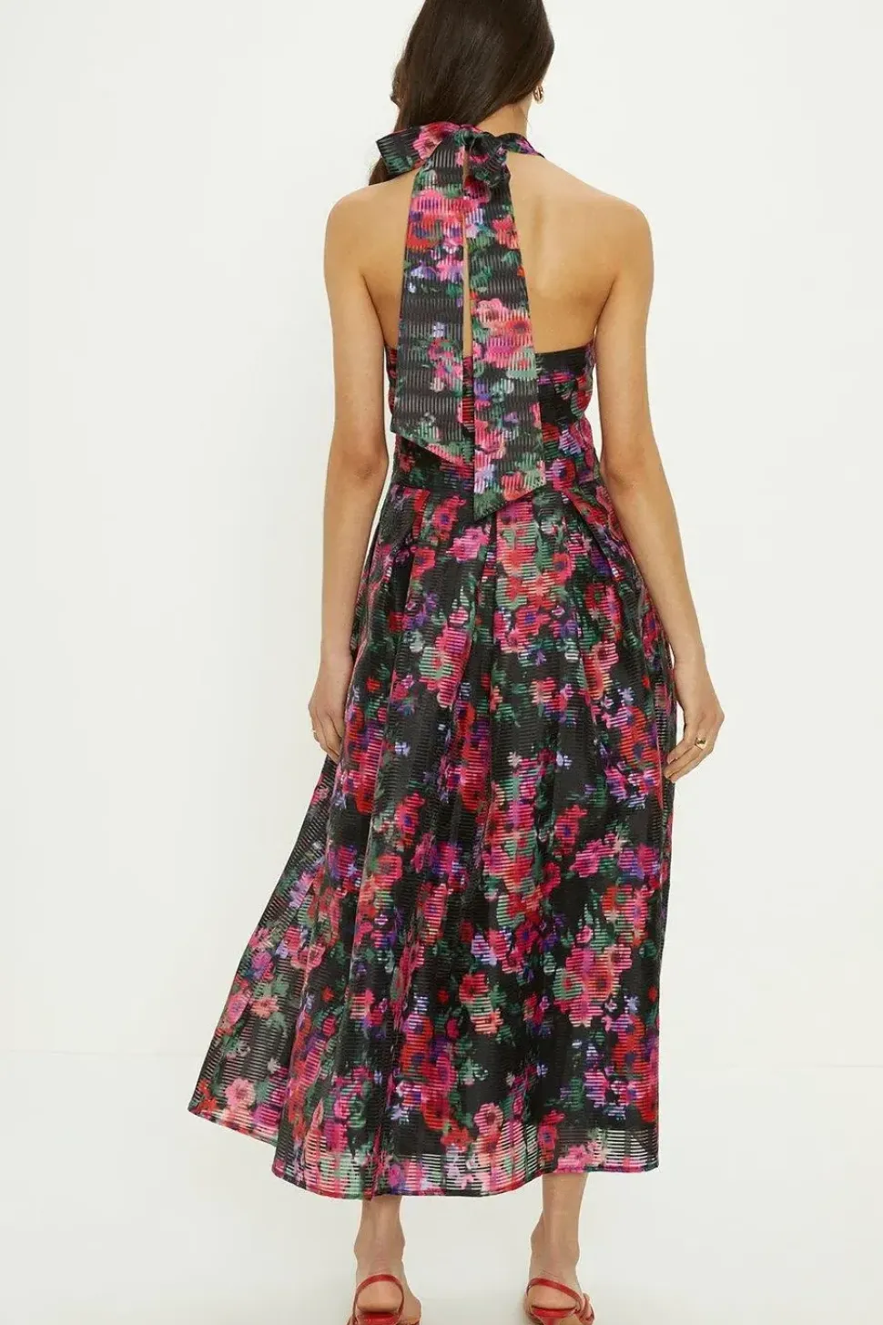 Floral Striped Organza Halter Neck Midi Dress