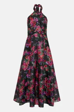 Floral Striped Organza Halter Neck Midi Dress