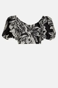 Floral Striped Organza Puff Sleeve Crop Top