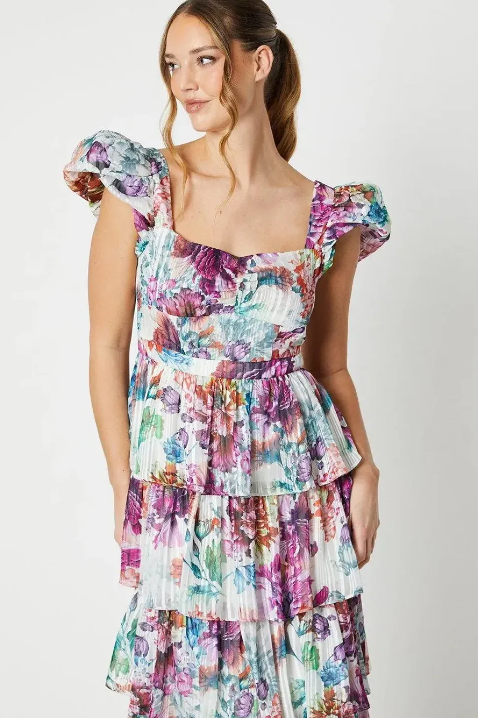 Floral Stripe Organza Layered Ruffle Dress