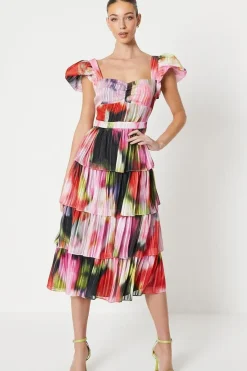 Floral Stripe Organza Layered Ruffle Dress