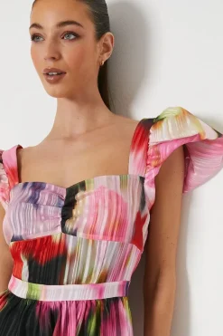 Floral Stripe Organza Layered Ruffle Dress