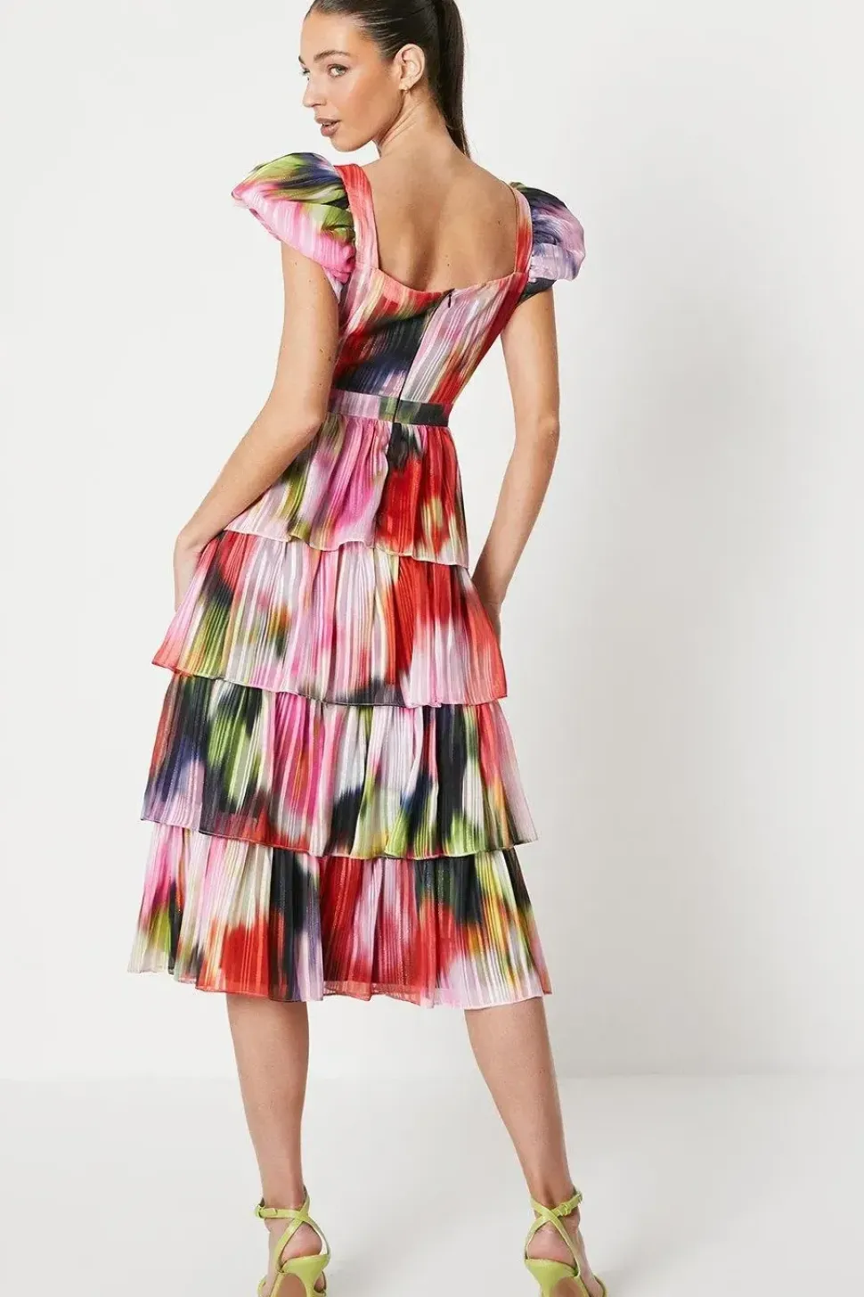 Floral Stripe Organza Layered Ruffle Dress