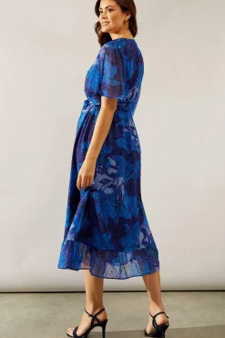 Floral Texture Wrap Flutter Sleeve Midi Dress