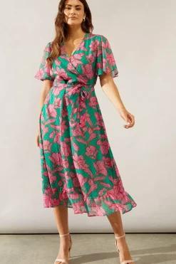 Floral Texture Wrap Flutter Sleeve Midi Dress