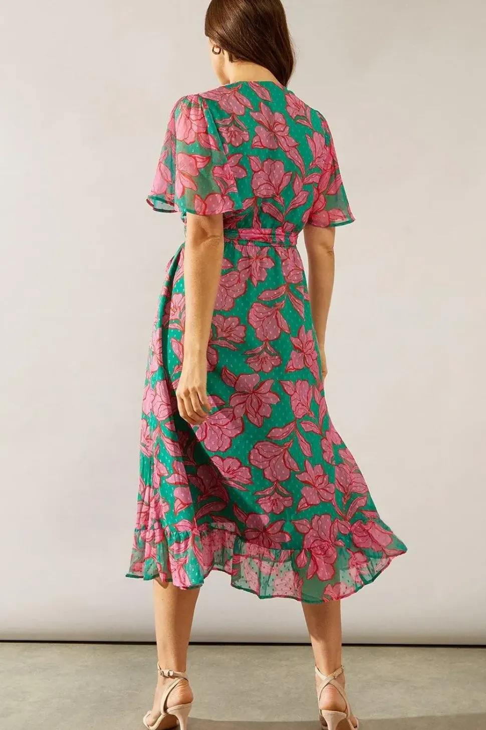 Floral Texture Wrap Flutter Sleeve Midi Dress