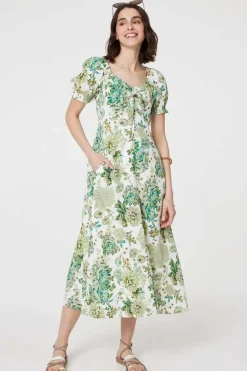 Floral Tie-Front Short Sleeve Midi Dress