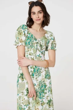 Floral Tie-Front Short Sleeve Midi Dress