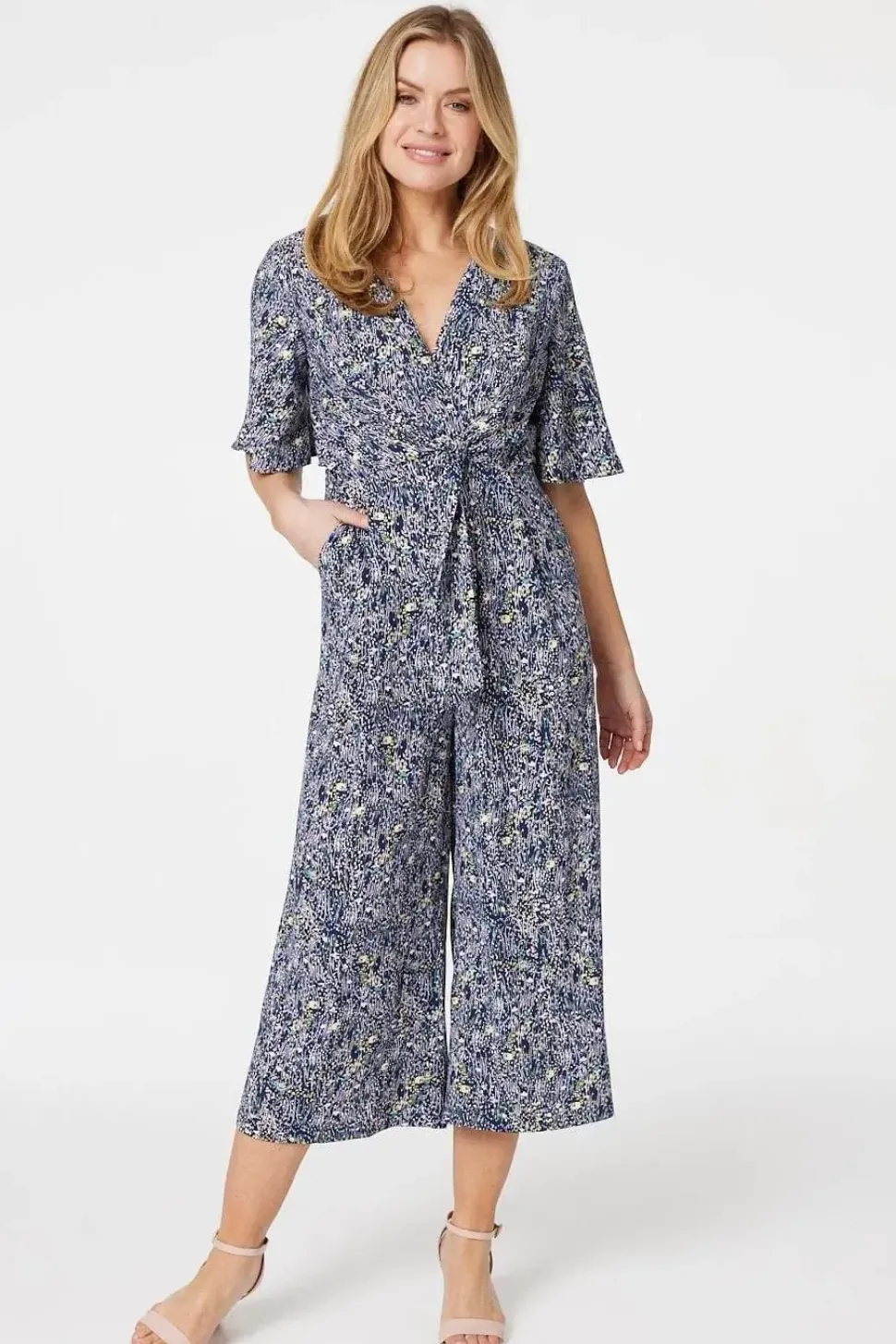 Floral Tie Front Wide Leg Jumpsuit