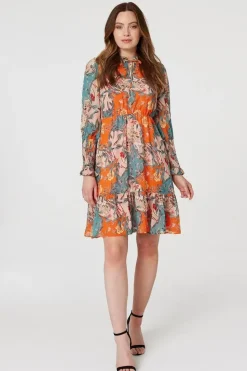 Floral Tie Neck Short Dress