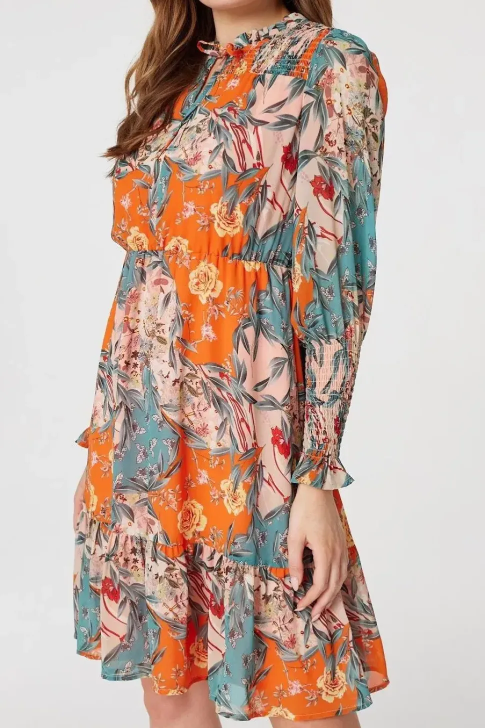 Floral Tie Neck Short Dress