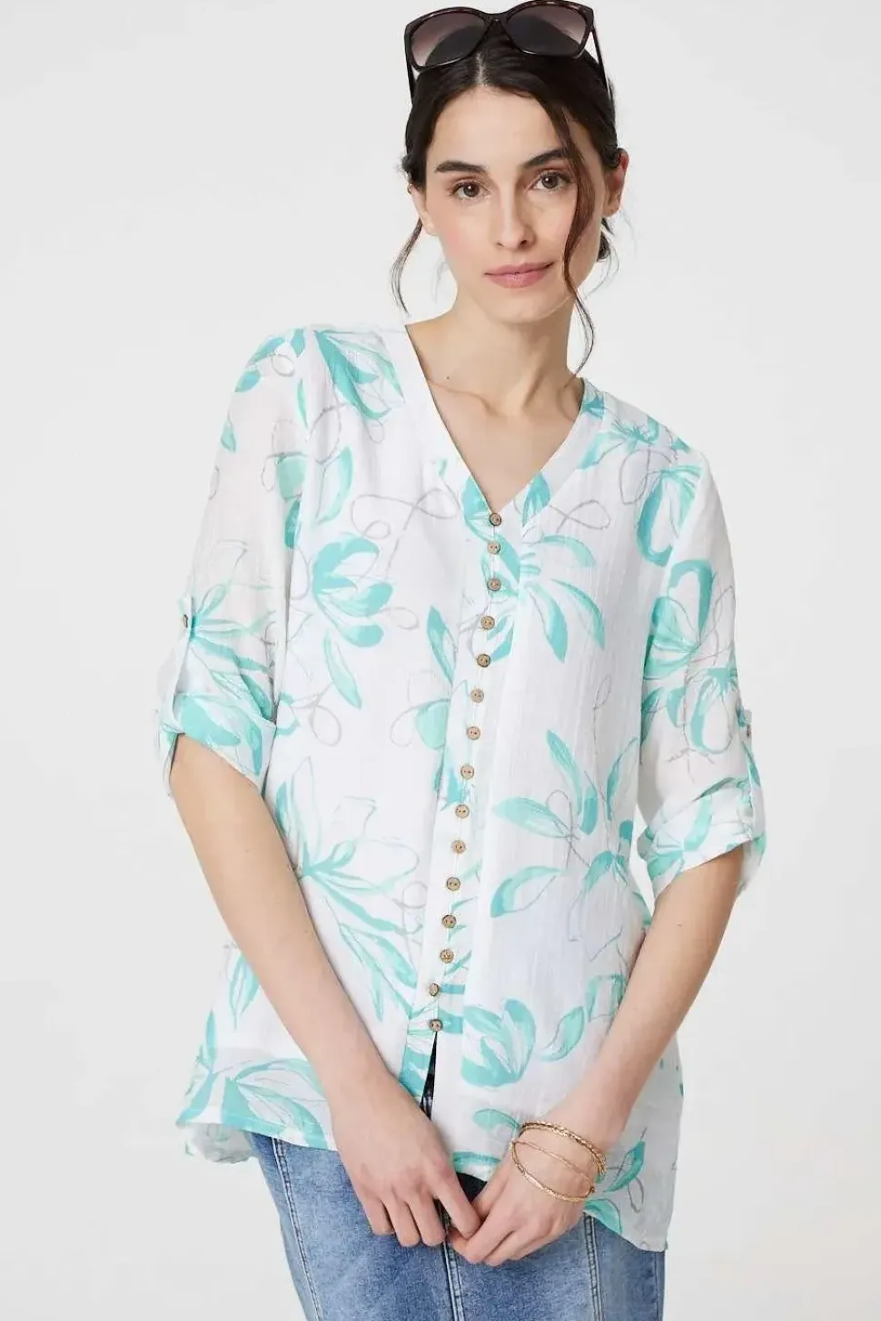 Floral Turn-Up Sleeve Longline Shirt