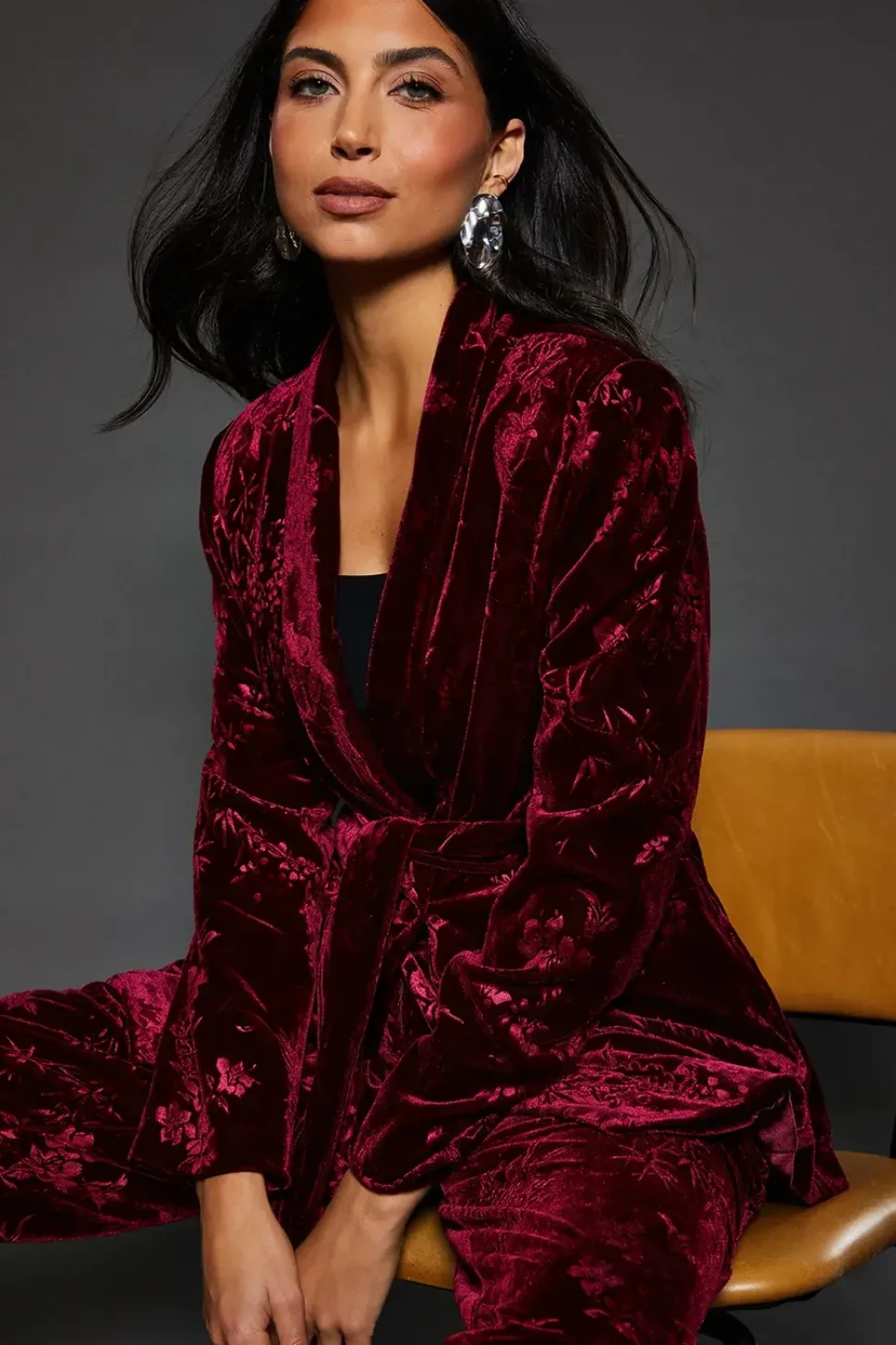 Floral Velvet Tie Belted Blazer